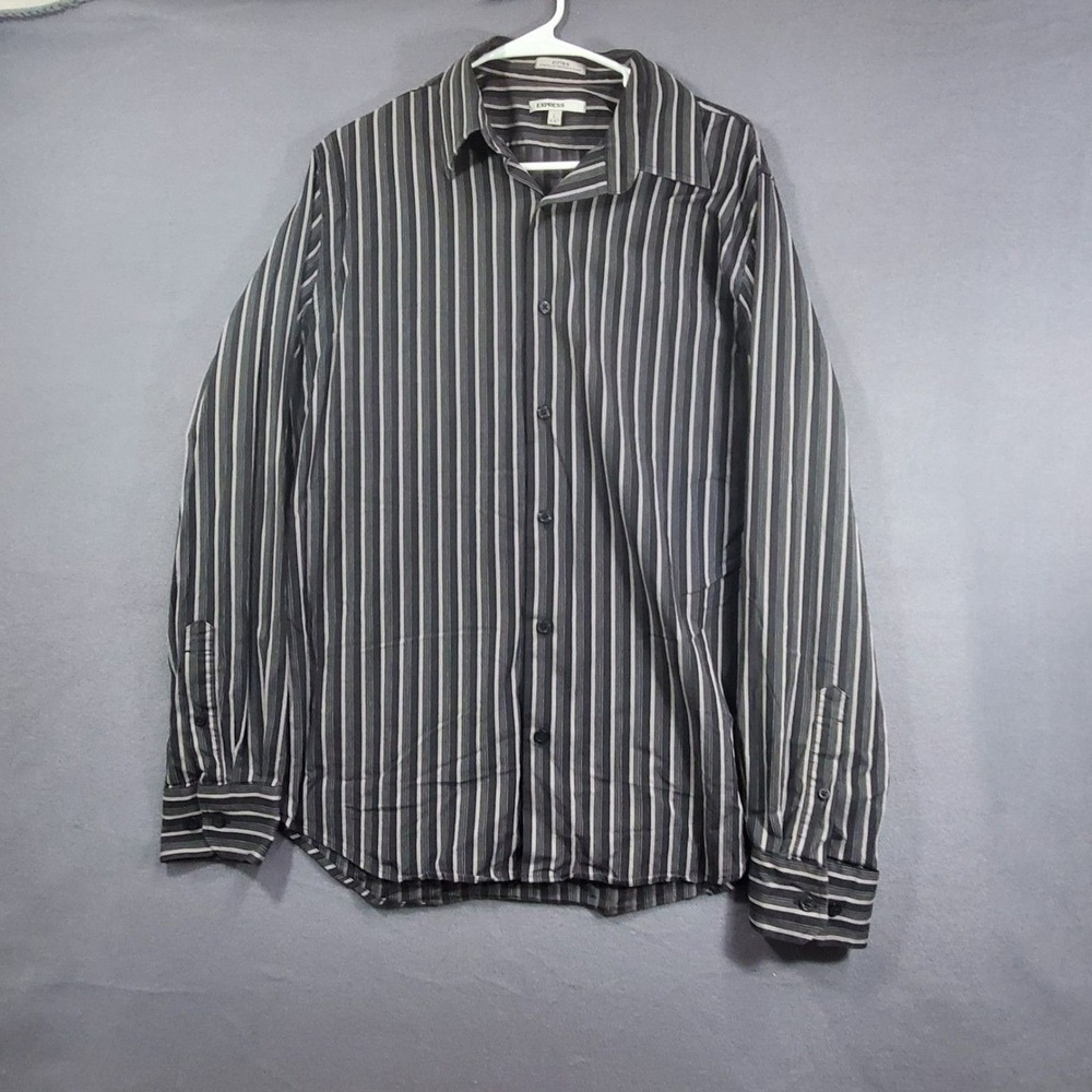 Express Button Down Shirt Mens Size L Fitted Stretch Cotton Black/ Gray Striped